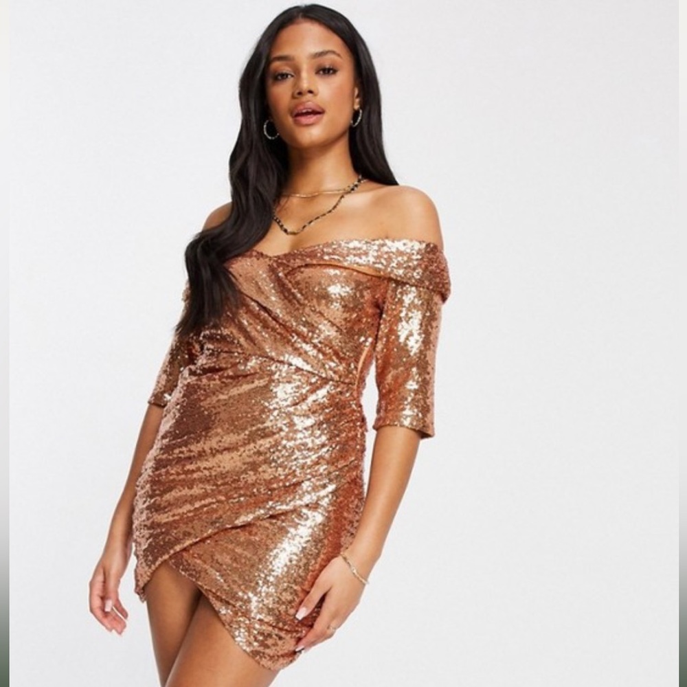ASOS Club L sequin off-the-shoulder mini dress and wrap skirt in rose gold